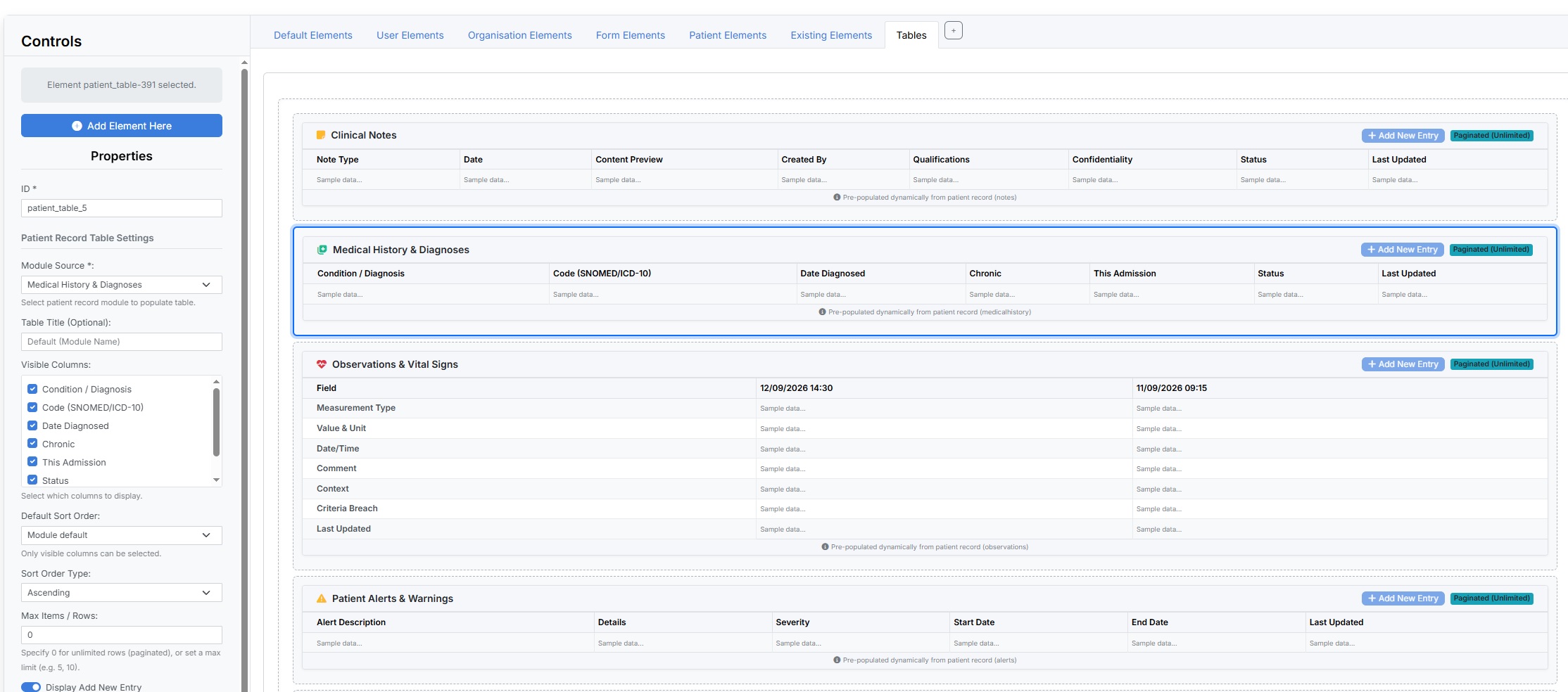 eChart visual Form Builder configuring patient-record tables